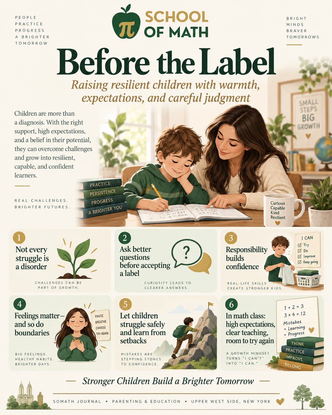 Before the Label: SOMATH illustration of a parent supporting a child with math, with six panels about careful assessment, responsibility, feelings and boundaries, safe struggle, and clear teaching.