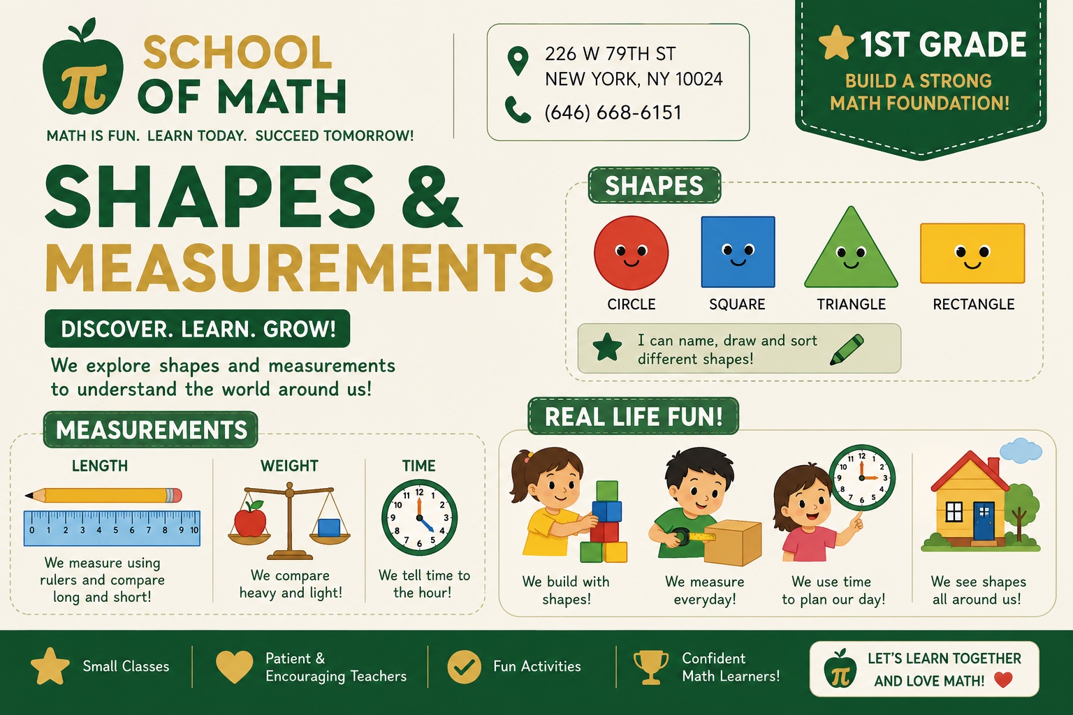 School of Math · 1st Grade Shapes & Measurements infographic: circle, square, triangle, and rectangle plus length (ruler), weight (balance scale), and time (clock)