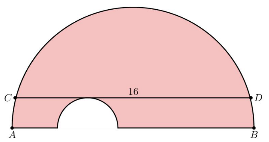Original diagram: a large semicircle with a horizontal chord CD of length 16 and a smaller semicircle removed below the chord.