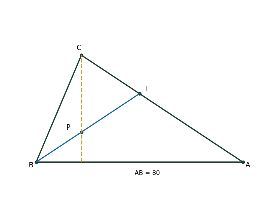 SOMATH coordinate diagram: angle bisector BT intersects the vertical altitude from C at P.