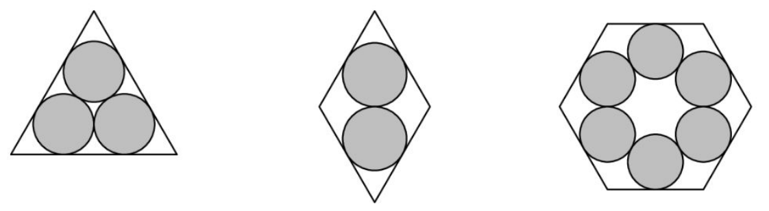 Original diagrams: three unit disks in an equilateral triangle, two in a sixty-degree rhombus, and six in a regular hexagon.