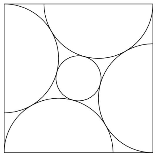 Original diagram: four tangent semicircles inside a unit square and a small tangent circle at its center.