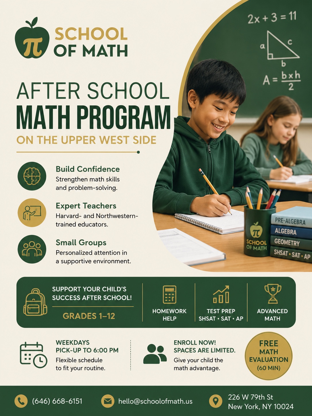 SOMATH after school math program on the Upper West Side flyer — grades 1-12, small groups, Harvard and Northwestern-trained teachers, 226 W 79th St, New York NY 10024