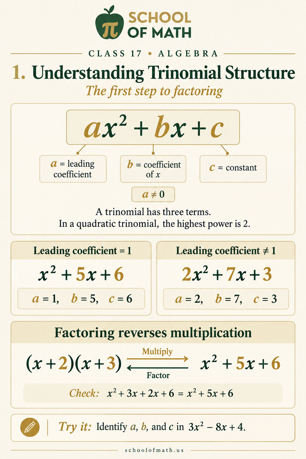 Algebra 1 Class 17 image 1: Understanding trinomial structure.