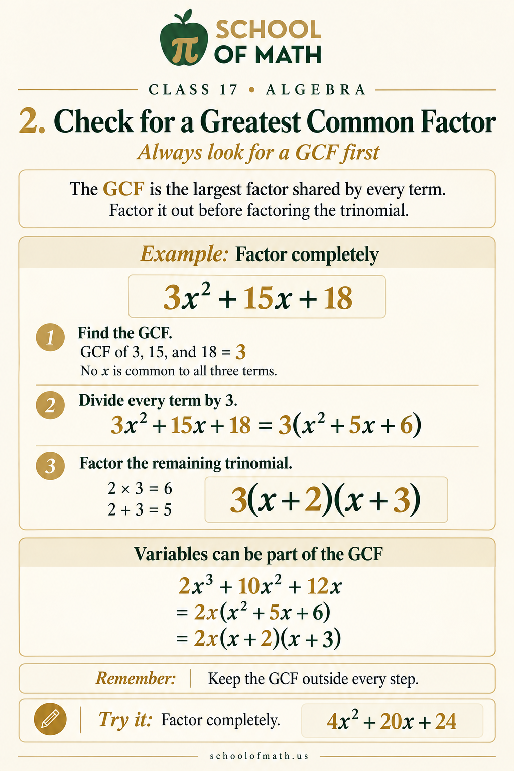Algebra 1 Class 17 image 2: Check the greatest common factor first.