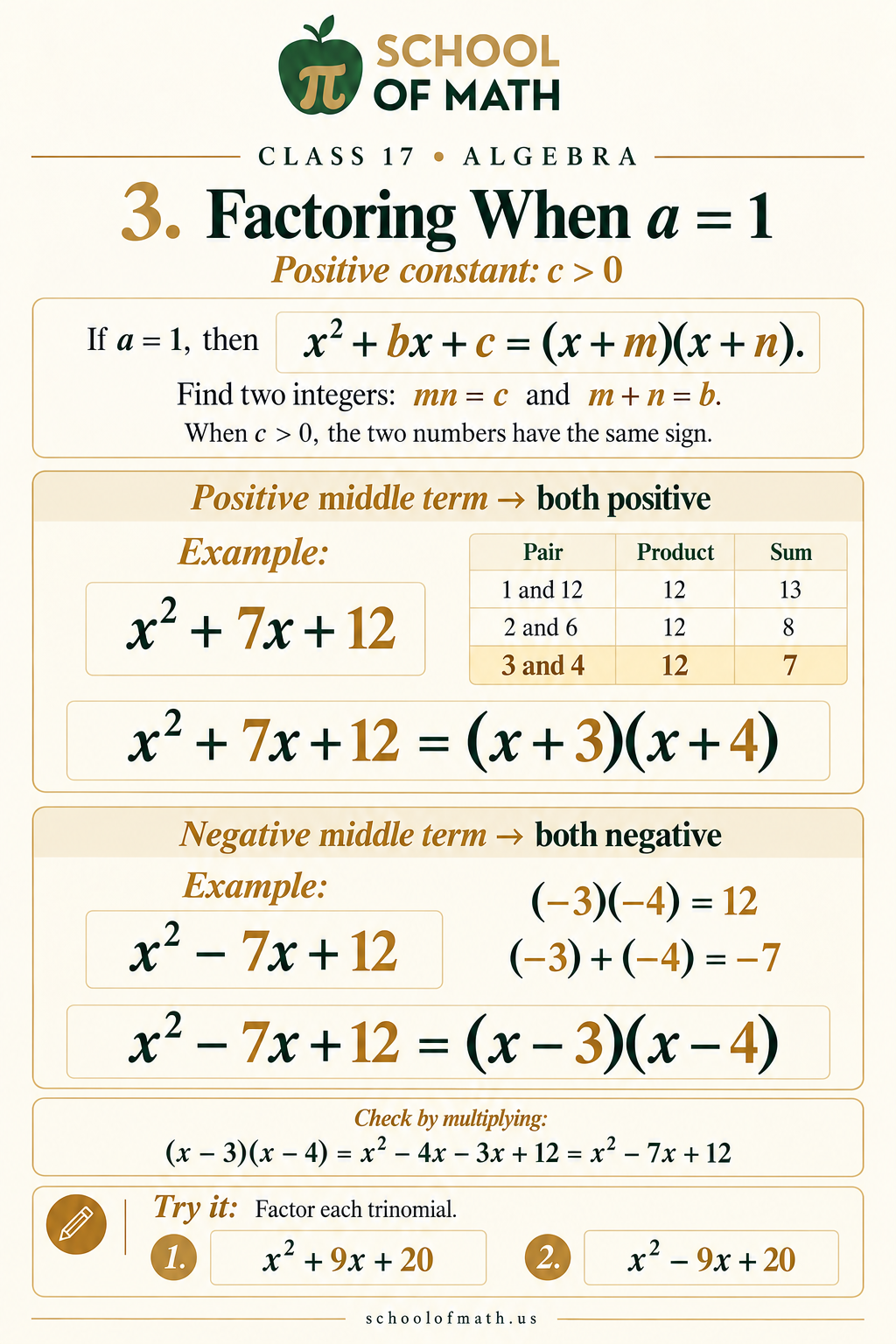 Algebra 1 Class 17 image 3: Leading coefficient 1: positive constant.