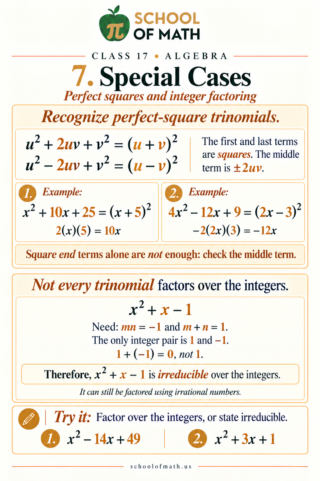 Algebra 1 Class 17 image 7: Perfect squares and integer-irreducible trinomials.