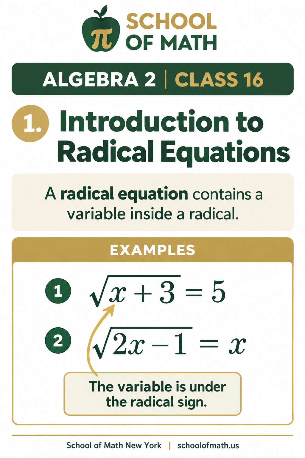 Algebra 2 Class 16 image 1: Recognize radical equations and restrictions.