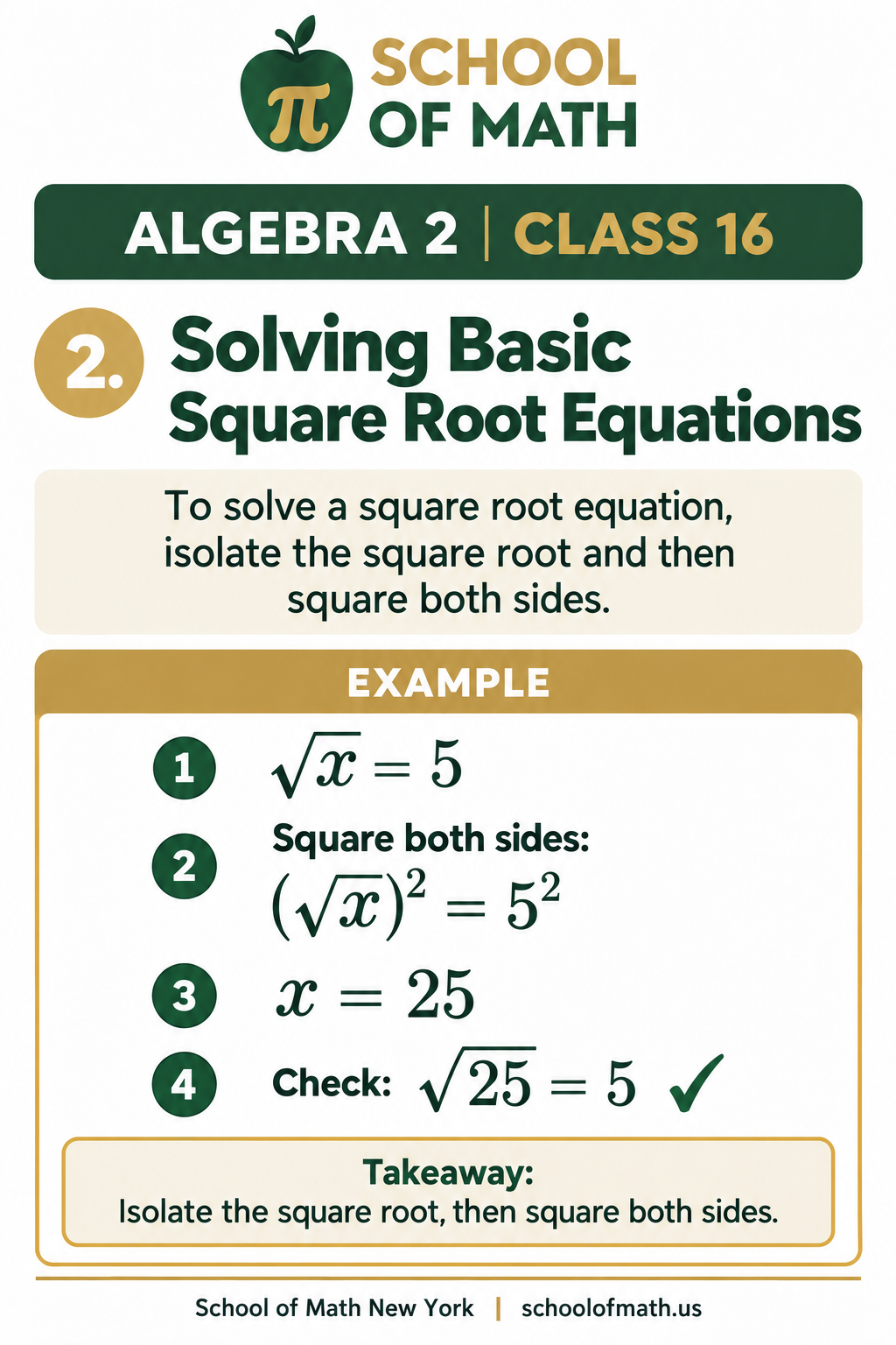 Algebra 2 Class 16 image 2: Basic square-root equations.