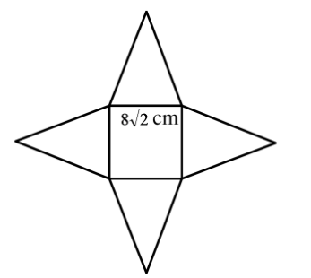 Original net: four identical isosceles triangles bordering a square labeled 8 square root of 2 centimeters.
