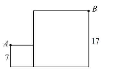 Original diagram: a 7-unit square beside a 17-unit square, sharing a baseline, with A at the upper left of the small square and B at the upper right of the large square.