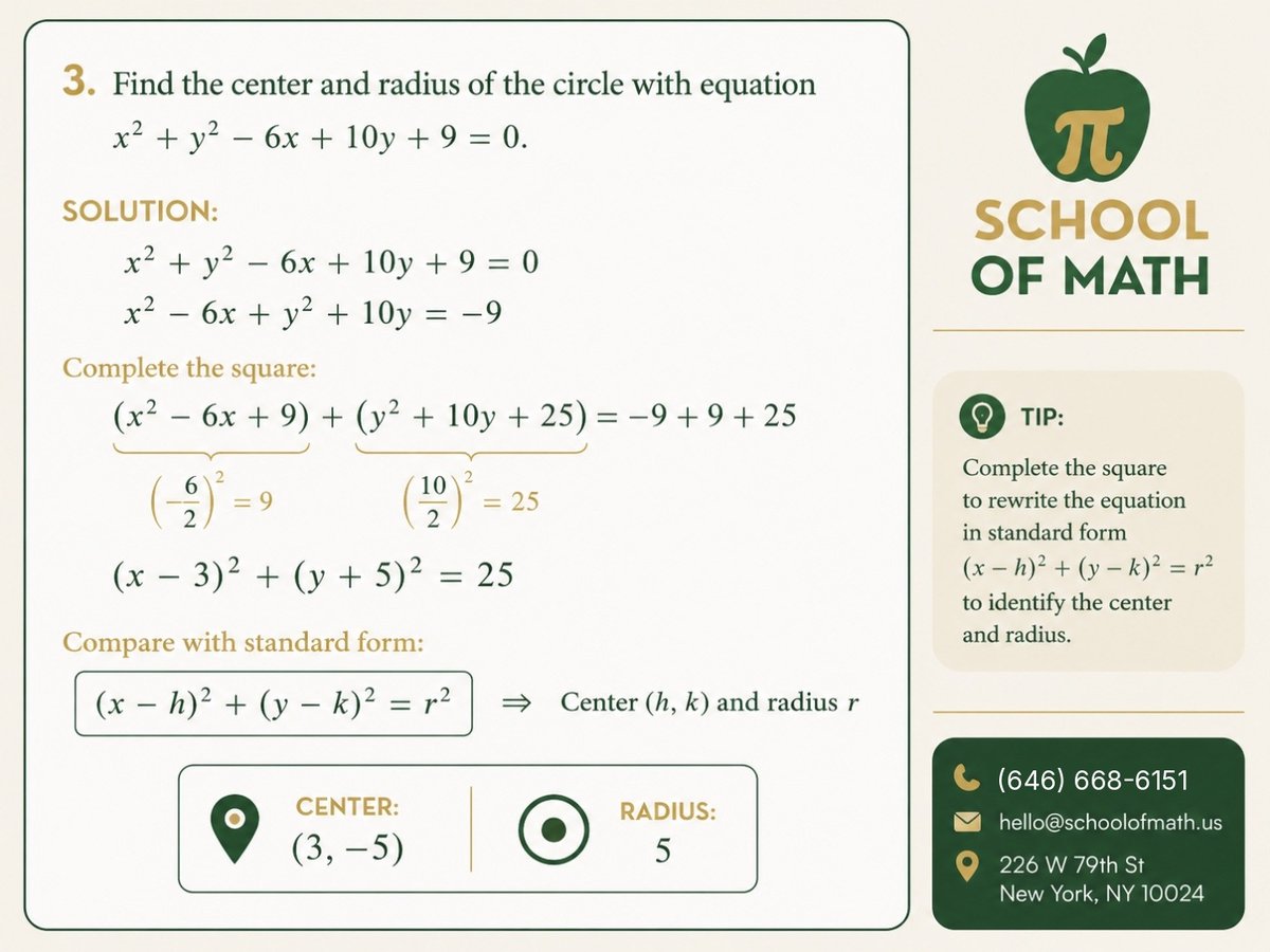 Stewart Calculus 9e analytic geometry Problem 3 — center and radius of the circle x^2 + y^2 - 6x + 10y + 9 = 0, solved by completing the square at SOMATH on the Upper West Side.