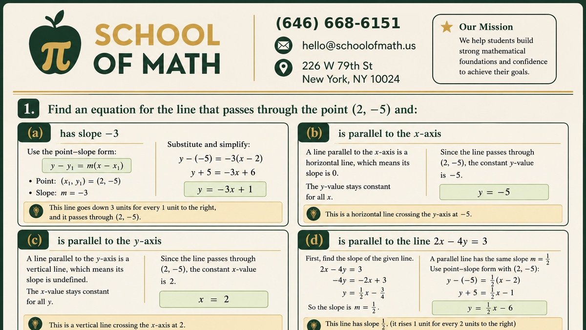 Stewart Calculus 9e analytic geometry Problem 1 — equation of a line through (2, -5), parts (a) through (d) solved by SOMATH on the Upper West Side.