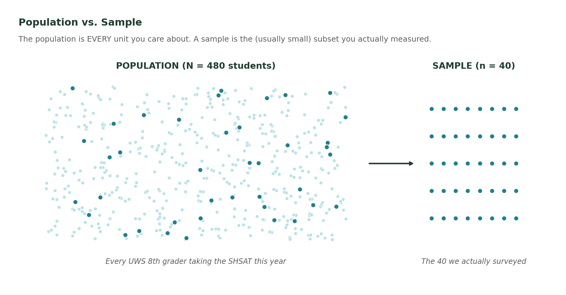 Population vs. sample diagram: a large cloud of about 480 light dots represents the population; forty dark dots are highlighted within the population and repeated on the right as a neat grid representing the sample.