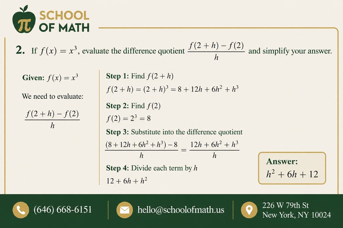 Stewart Calculus Chapter 1 Question 2 — difference quotient of f(x) = x cubed at x = 2, four step walkthrough showing the expansion of (2+h)^3 and the simplified answer h squared plus 6h plus 12, worked at SOMATH on the Upper West Side.