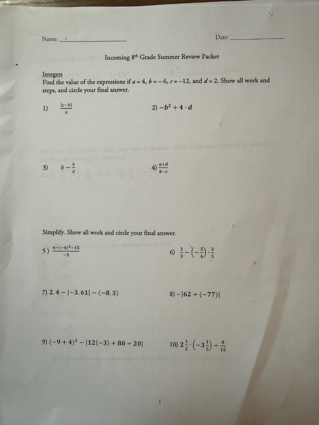 Heschel School Rising 8th Grade Summer Review Packet — math worksheet showing 10 integer, order-of-operations, and fraction problems with a = 4, b = -6, c = -12, d = 2