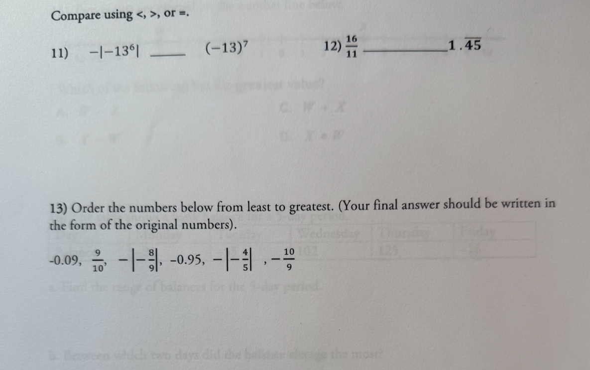Heschel School Rising 8th Grade Summer Review Packet — page 2 — problems 11, 12, and 13 comparing and ordering rational numbers with absolute value, exponents, fractions, decimals, and repeating decimals