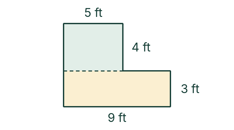 L-shaped rug: a 5 ft by 4 ft top rectangle joins a 9 ft by 3 ft bottom rectangle without overlap.
