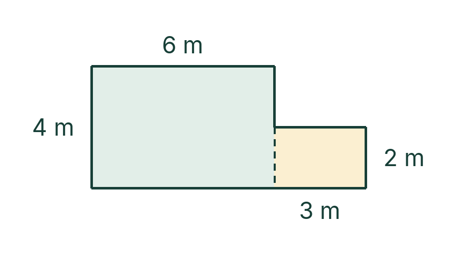 Patio made of a 6 m by 4 m rectangle joined to a 3 m by 2 m rectangle without overlap.