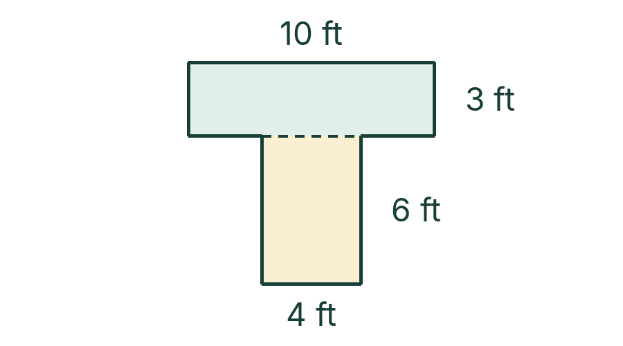 T-shaped hallway: a 10 ft by 3 ft top bar and a 4 ft by 6 ft stem, with no overlap.