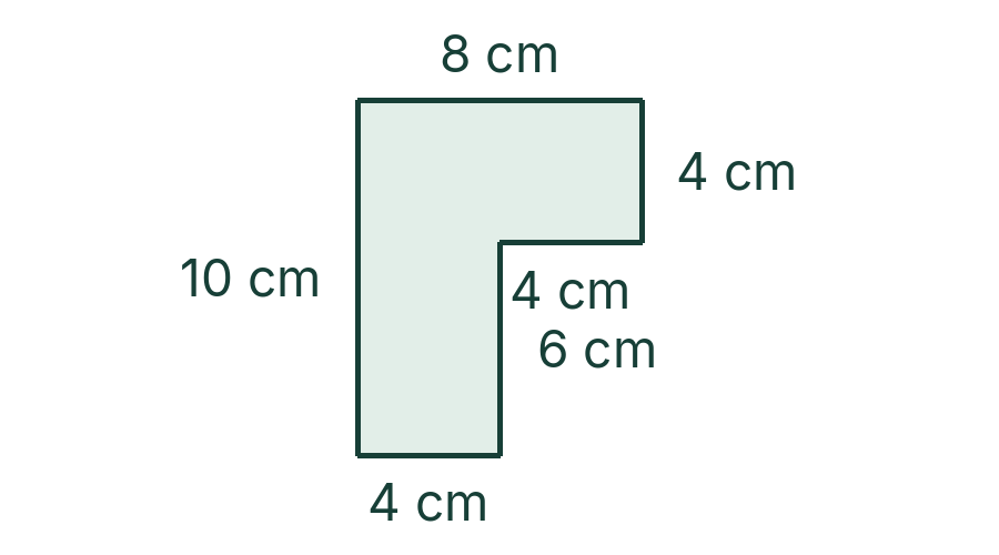 L-shaped perimeter, clockwise from the top: 8 cm, 4 cm, 4 cm, 6 cm, 4 cm, and 10 cm.
