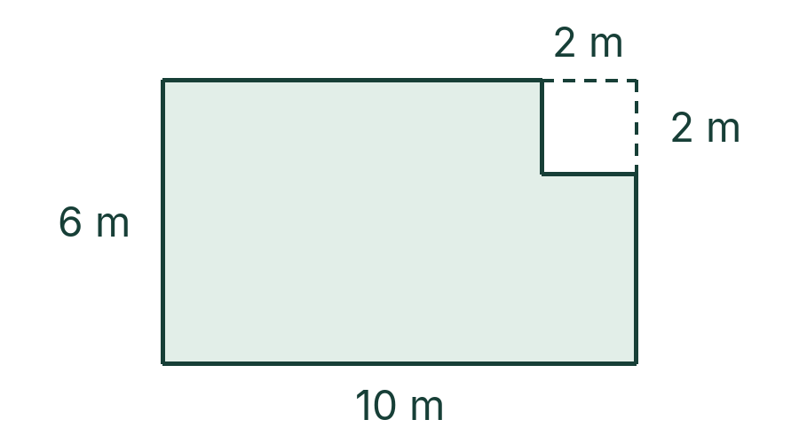A 10 m by 6 m rectangle with a 2 m by 2 m corner removed at the upper right.