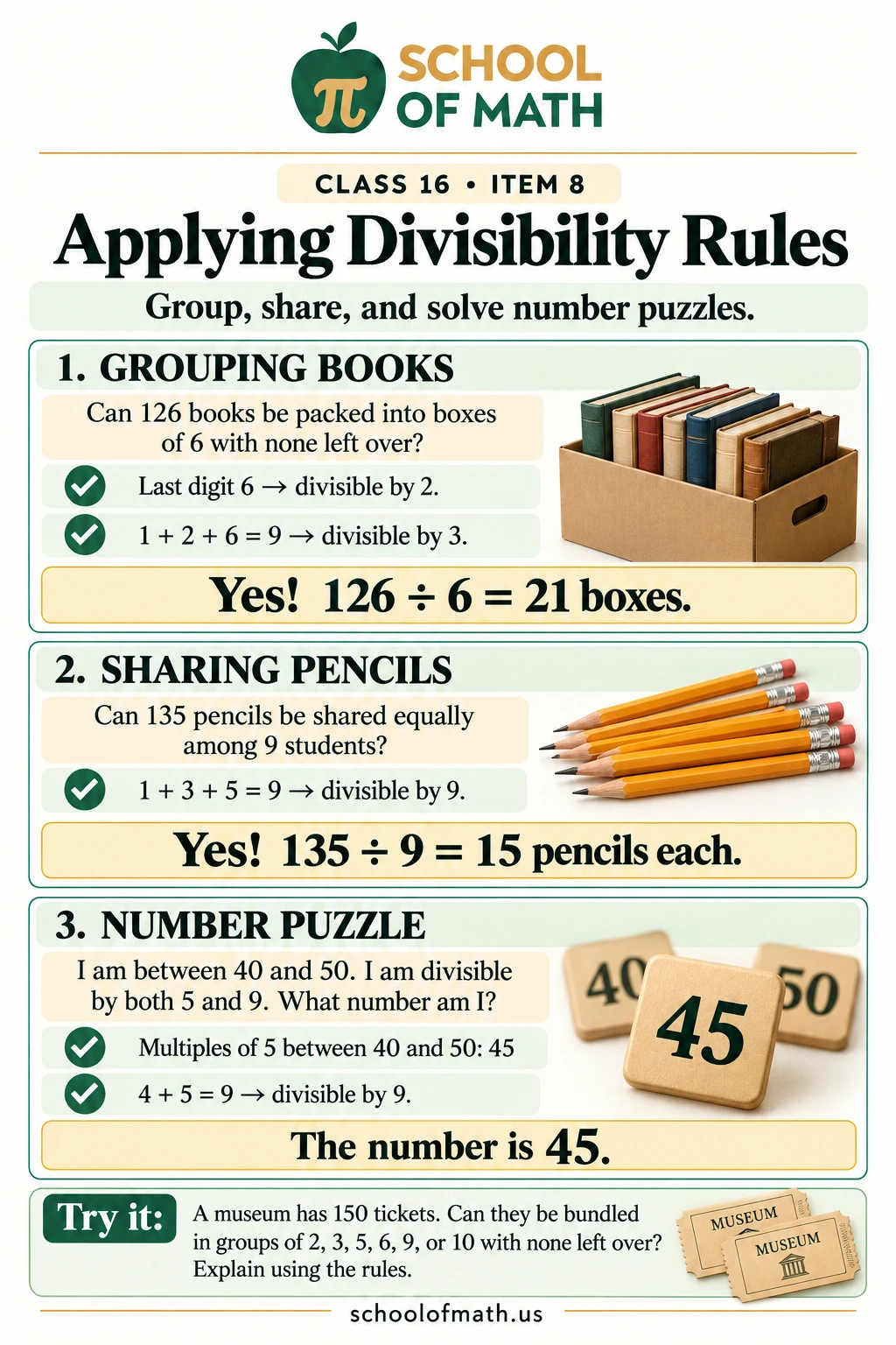 Applying divisibility rules to packing books, sharing pencils, and number puzzles.