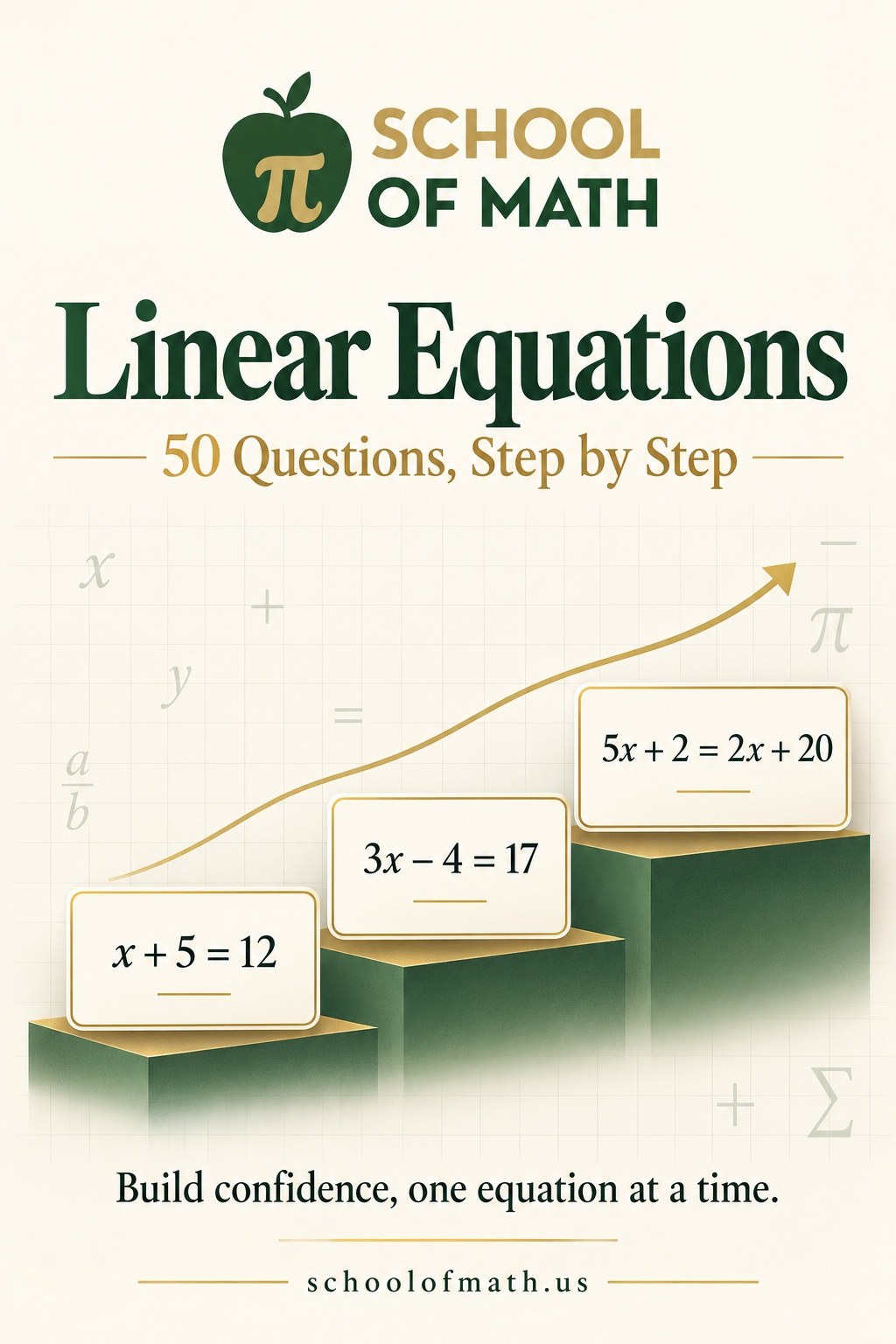 School of Math cover: Linear Equations, 50 Questions, Step by Step, with equations x + 5 = 12, 3x − 4 = 17, and 5x + 2 = 2x + 20 rising on green steps