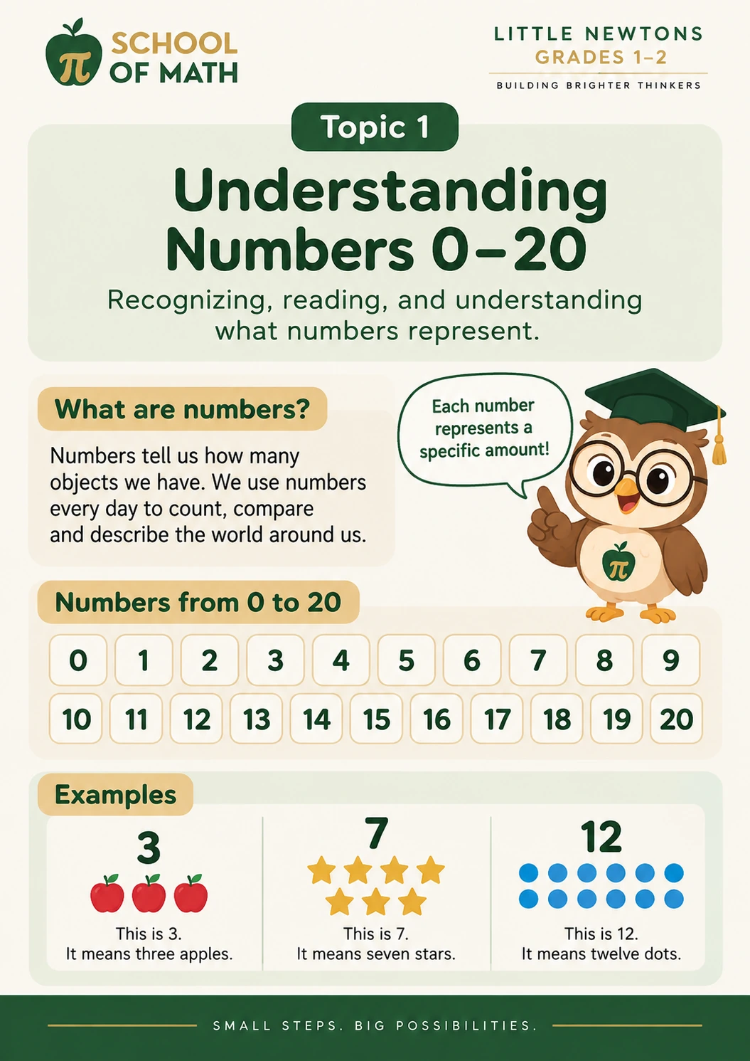 Little Newtons Class 1, poster 1: Understanding numbers 0–20.