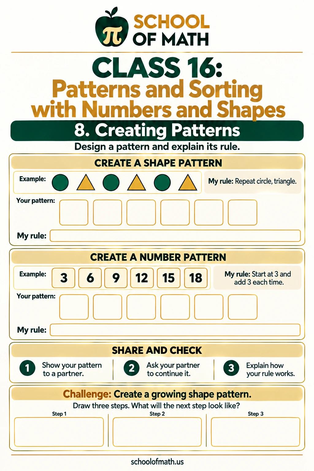 Creating and explaining repeating shape patterns, number patterns, and growing patterns.