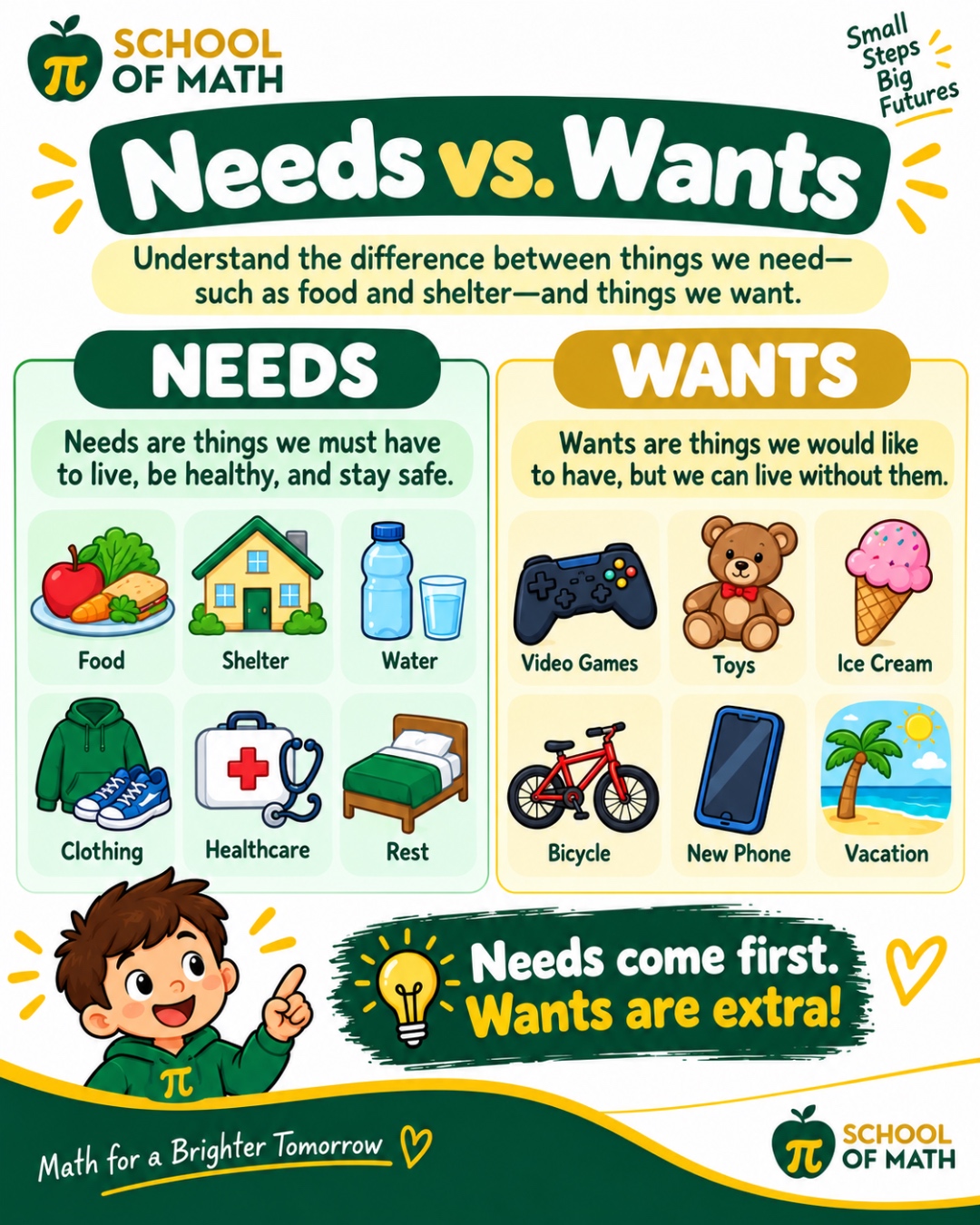 SOMATH Little Newtons Class 11 Poster 2 — Needs vs. Wants. Needs: food, shelter, water, clothing, healthcare, rest. Wants: video games, toys, ice cream, bicycle, new phone, vacation. Needs come first. Wants are extra.