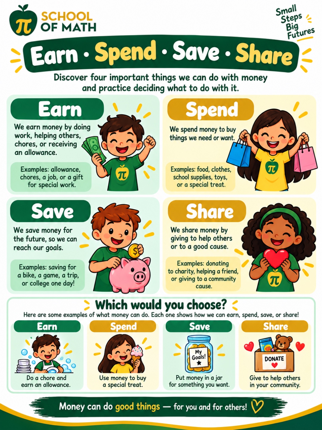 SOMATH Little Newtons Class 11 Poster 3 — Earn, Spend, Save, Share. The four things we can do with money, each with age-appropriate examples for grades 1–2, plus a ‘Which would you choose?’ practice block with four examples (do a chore, buy a special treat, put money in a jar, give to your community).