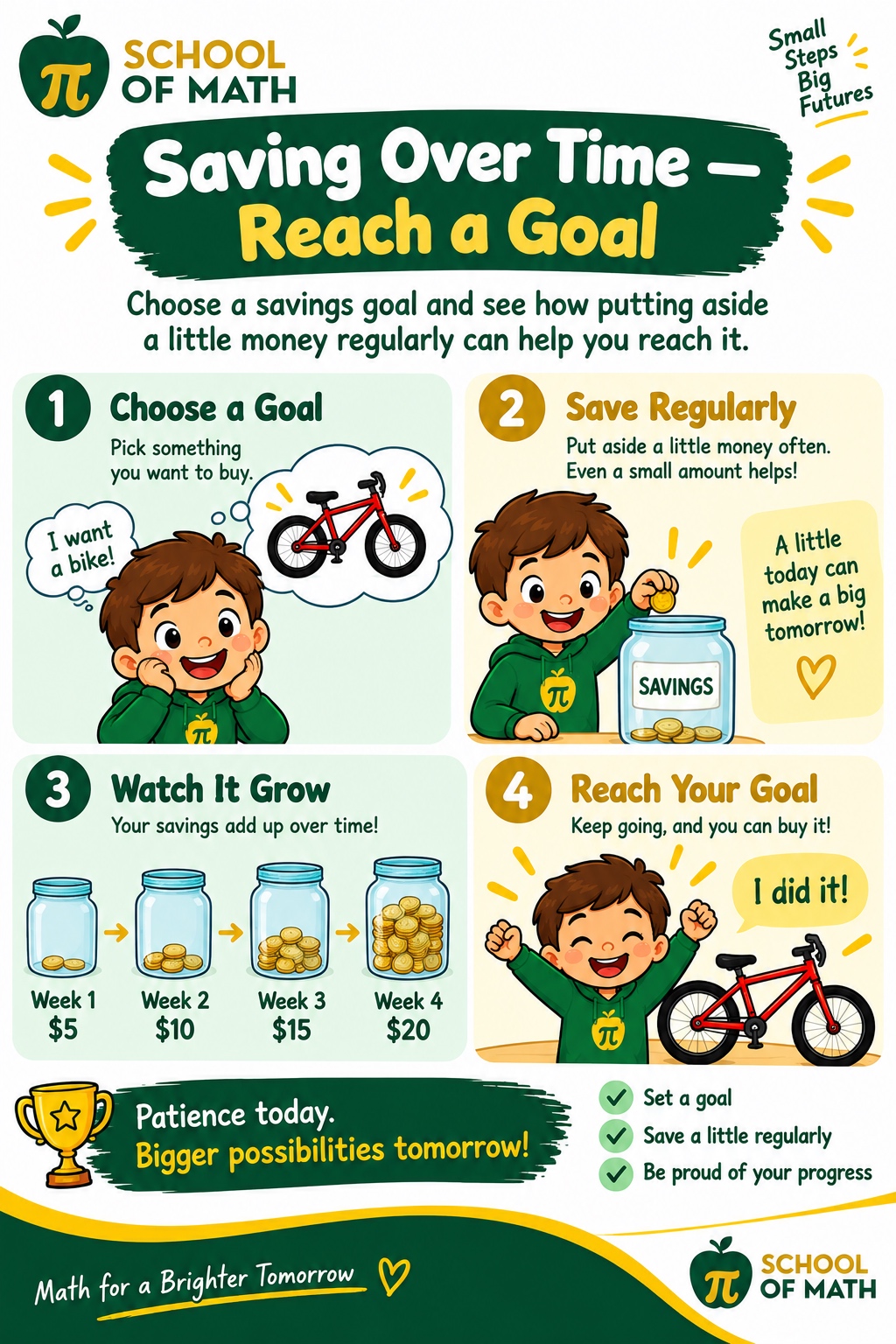 SOMATH Little Newtons Class 11 Poster 5 — Saving Over Time to Reach a Goal. Four steps: 1) Choose a Goal (bike), 2) Save Regularly, 3) Watch It Grow (Week 1 $5, Week 2 $10, Week 3 $15, Week 4 $20), 4) Reach Your Goal.