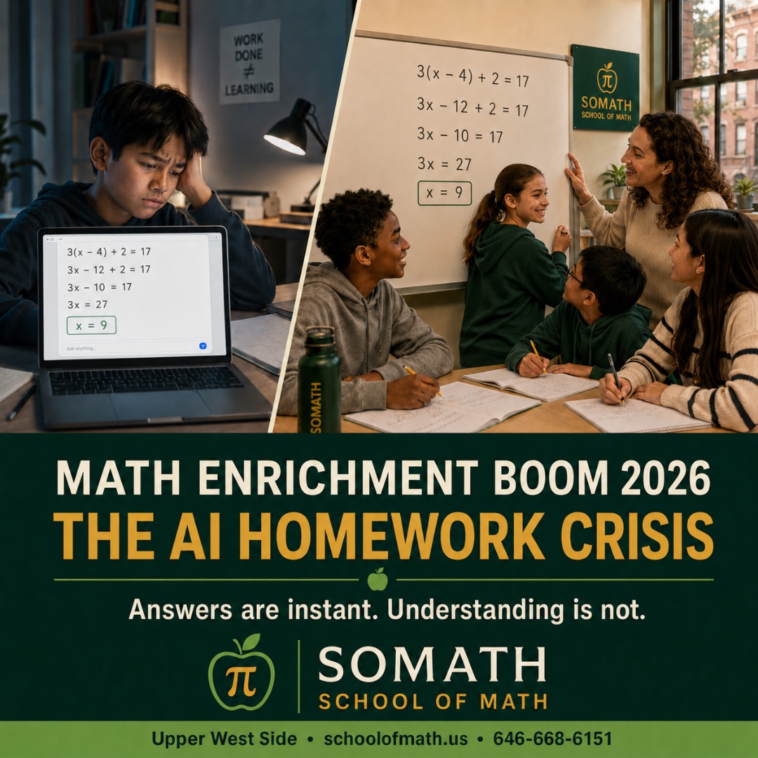 Split image: on the left, a frustrated middle-schooler in front of a laptop showing an AI chatbot solving 3(x−4)+2=17 and giving the answer x=9; on the right, a small group of SOMATH students working through the same equation on a whiteboard with their teacher on the Upper West Side. Headline: Math Enrichment Boom 2026 — The AI Homework Crisis. Answers are instant. Understanding is not.