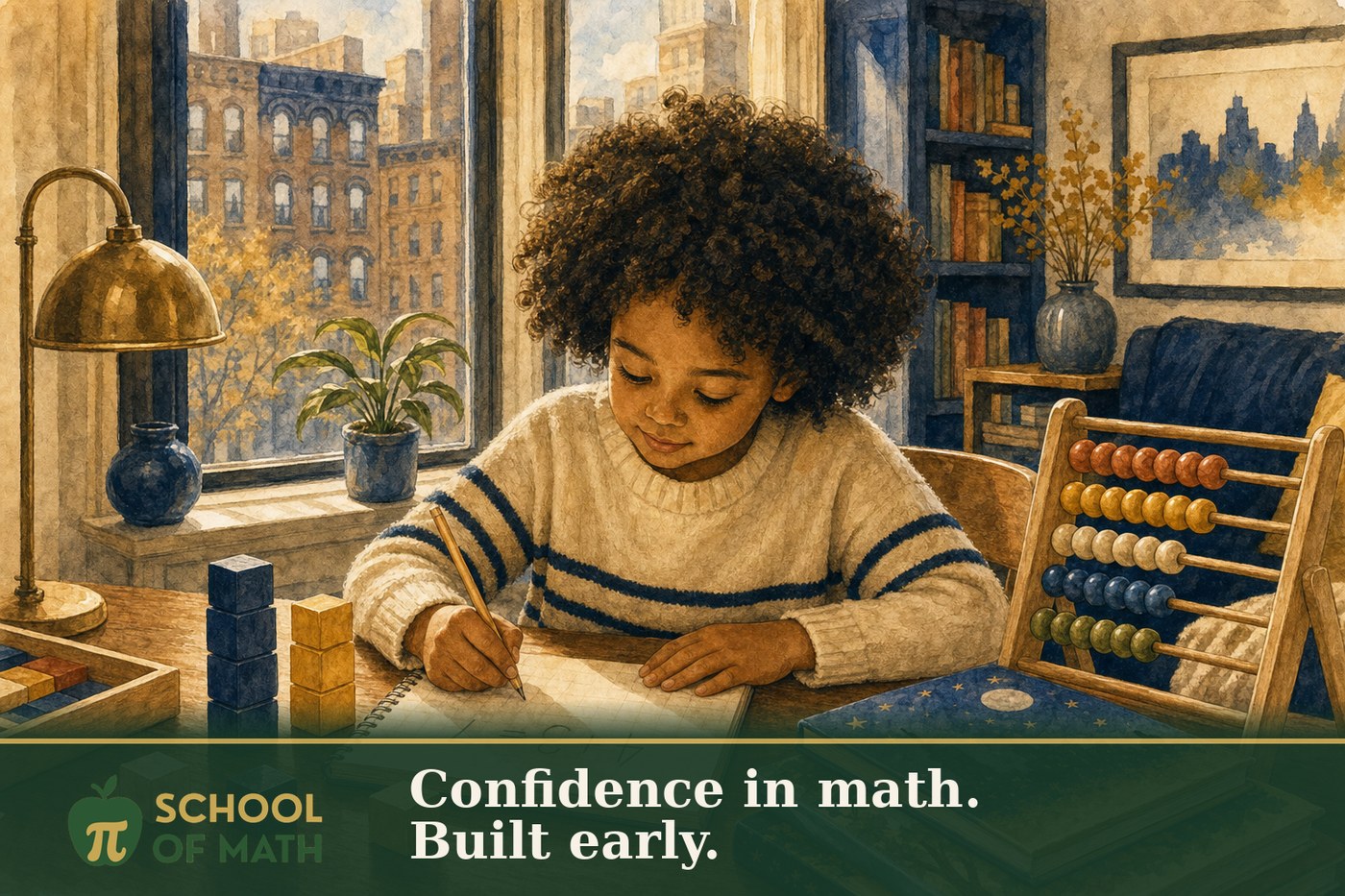 A young child at a wooden table in an Upper West Side apartment writing 4 + 3 = 7 in a notebook, with counting blocks and an abacus nearby — illustrating 1st grade math at home.