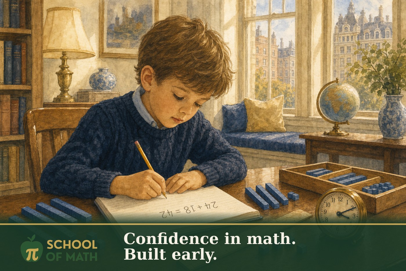 A focused second-grade child at a warm wooden desk in an Upper West Side apartment writing 24 + 18 = 42 in a notebook, with place-value blocks, a ruler, and an analog clock nearby — illustrating 2nd grade math at home.