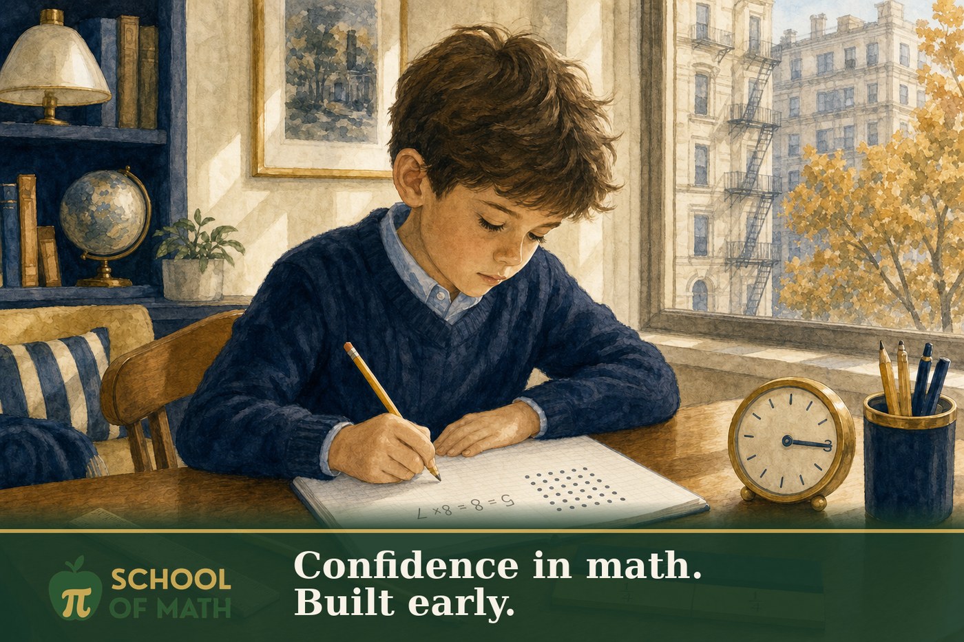 A focused third-grade child at a wooden desk in an Upper West Side apartment writing 7 × 8 = 56 in a notebook beside a dot array, with fraction strips showing 1/2 and 1/4, a ruler, and an analog clock nearby — illustrating 3rd grade math at home.