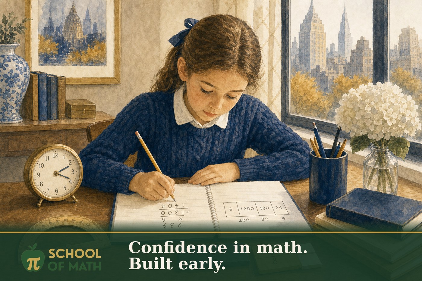 A focused fourth-grade girl at a wooden desk in an Upper West Side apartment working on 234 × 6 with an area model sketched beside it, a protractor measuring an angle, and fraction bars showing 3/4 and 6/8 — illustrating 4th grade math at home.