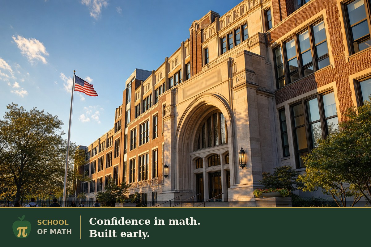 Front facade of a New York specialized high school with stone arched entrance, American flag, and brick wings — the kind of school 6th grade math sets students up for, with ratio tables and algebraic expressions visible on a notebook in the foreground.