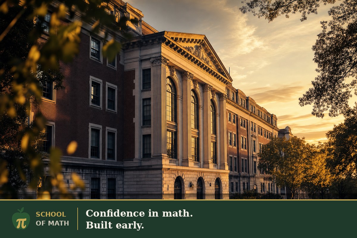 Front facade of a New York specialized high school with stone arched entrance, American flag, and brick wings — the kind of school 7th grade math sets students up for, with a proportional equation and a pi diagram visible on a notebook in the foreground, SOMATH brand strip overlay.
