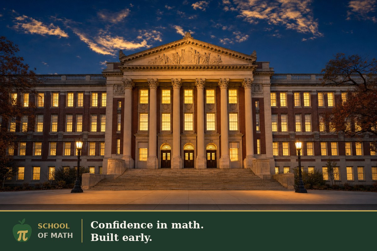 Front facade of a New York City specialized high school — stone arch entrance, American flag over limestone steps, brick wings extending left and right — the kind of school 8th-grade math sets students up for, with a slope equation and right-triangle diagram visible on an open notebook in the foreground, SOMATH brand strip overlay.