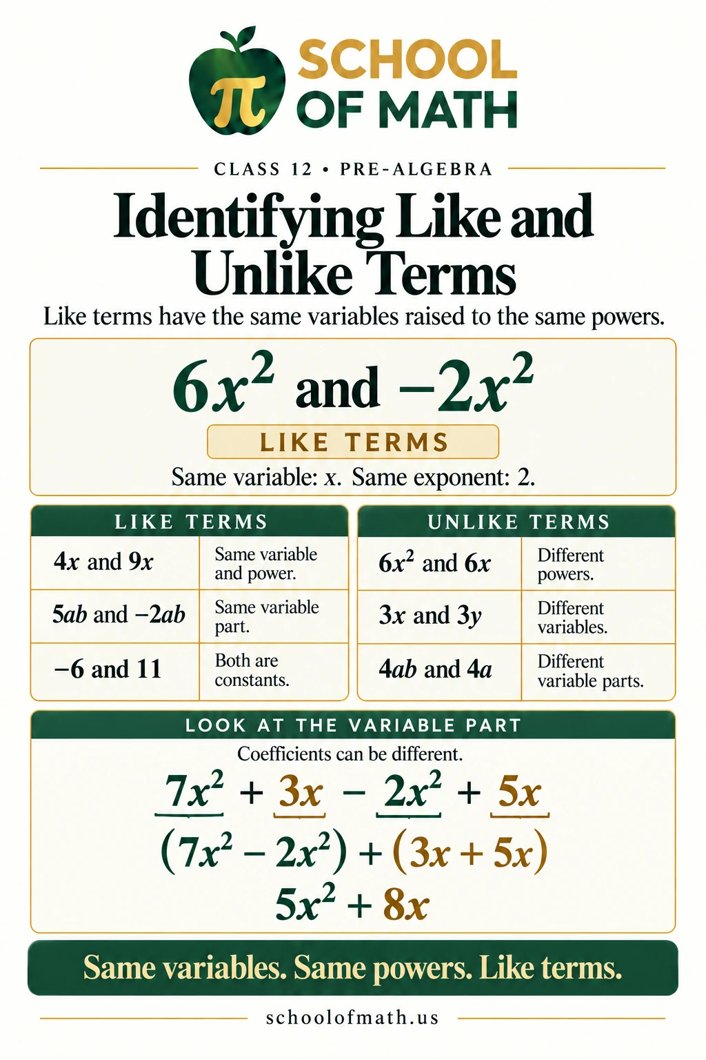 SOMATH Pre-Algebra Class 12 poster 5: Identifying like and unlike terms.