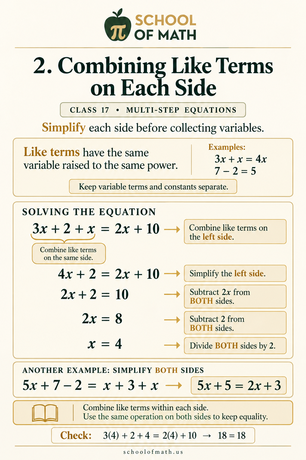 Pre-Algebra Class 17 image 2: Combining like terms on each side.