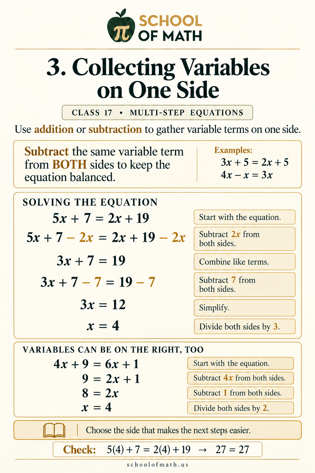 Pre-Algebra Class 17 image 3: Collecting variables on one side.
