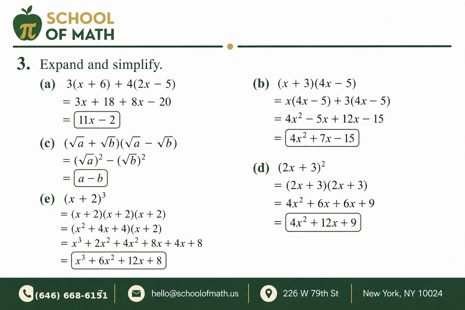 SOMATH worked problem card: pre-calculus diagnostic Problem 3 — expand and simplify five expressions.