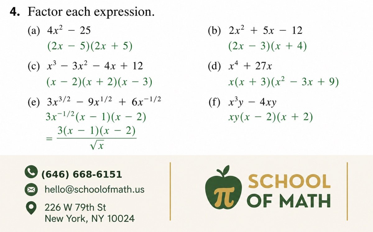 Stewart Pre-Calculus Problem 4 problem card — Factor each expression: 4x² − 25, 2x² + 5x − 12, x³ − 3x² − 4x + 12, x⁴ + 27x, 3x^(3/2) − 9x^(1/2) + 6x^(-1/2), x³y − 4xy — solved by SOMATH on the Upper West Side.