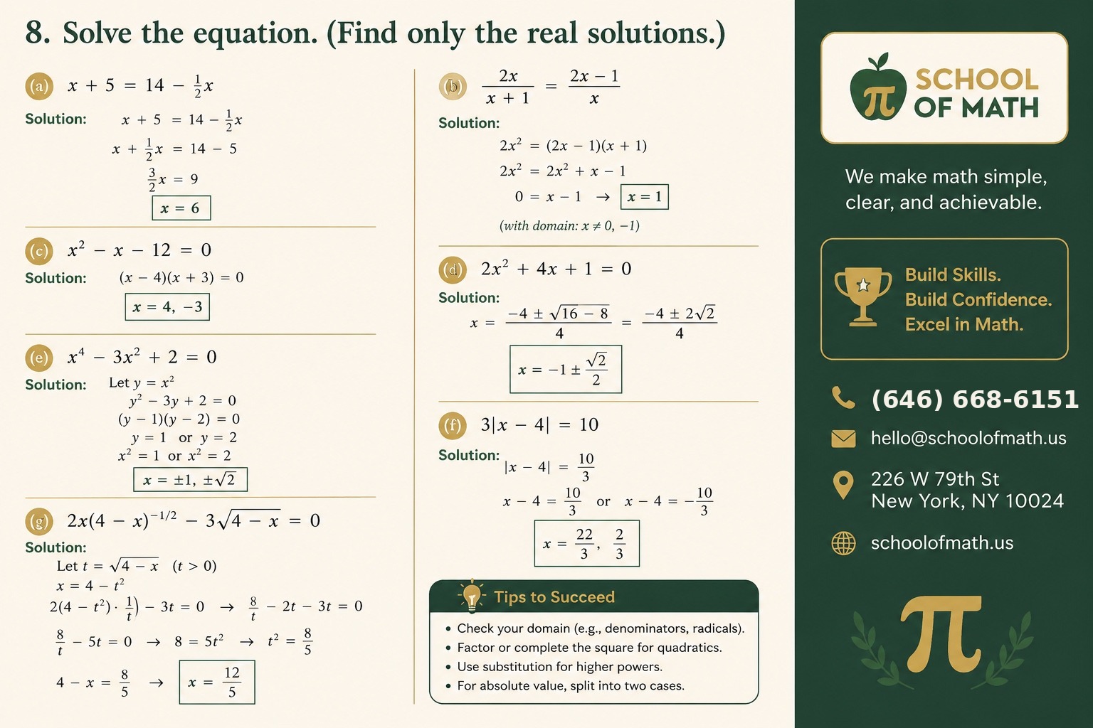 Stewart Pre-Calculus Problem 8 problem card — Solve the equation, parts (a) through (g) — solved by SOMATH on the Upper West Side.