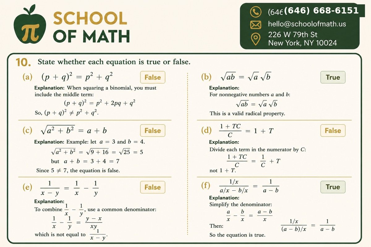 Stewart Pre-Calculus Problem 10 problem card — State whether each equation is true or false, parts (a) through (f) — solved by SOMATH on the Upper West Side.