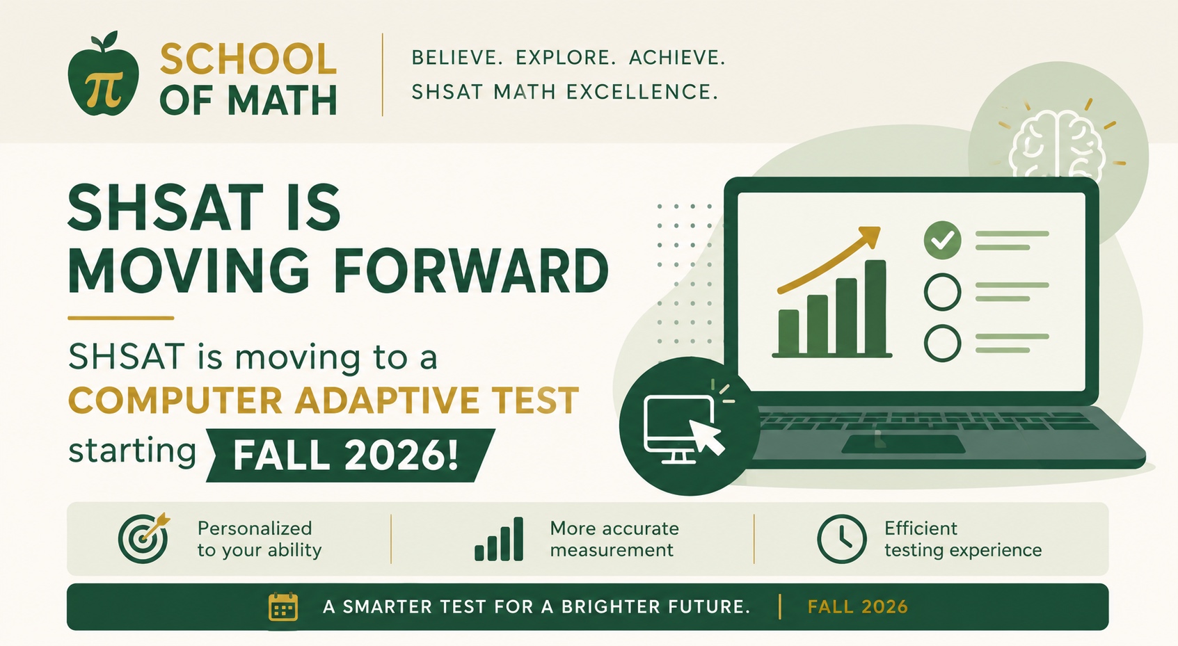 SOMATH graphic: SHSAT is moving to a computer-adaptive test starting Fall 2026 — personalized to your ability, more accurate measurement, efficient testing experience.