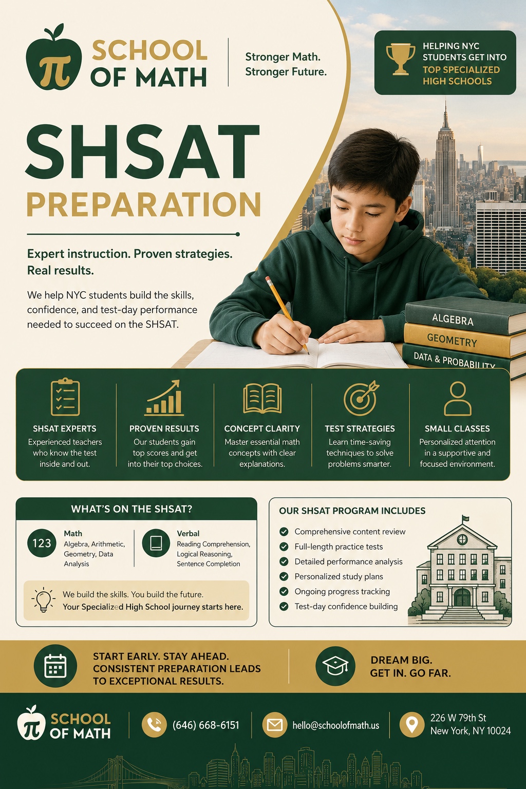 School of Math (SOMATH) SHSAT Preparation flyer — Stronger Math, Stronger Future. A middle school student writing in a notebook with a Manhattan skyline behind him and SHSAT prep books for Algebra, Geometry, and Data & Probability. Program highlights: SHSAT experts, proven results, concept clarity, test strategies, and small classes. Math (algebra, arithmetic, geometry, data analysis) and Verbal (reading comprehension, logical reasoning, sentence completion). 226 W 79th St, New York, NY 10024. (646) 668-6151.